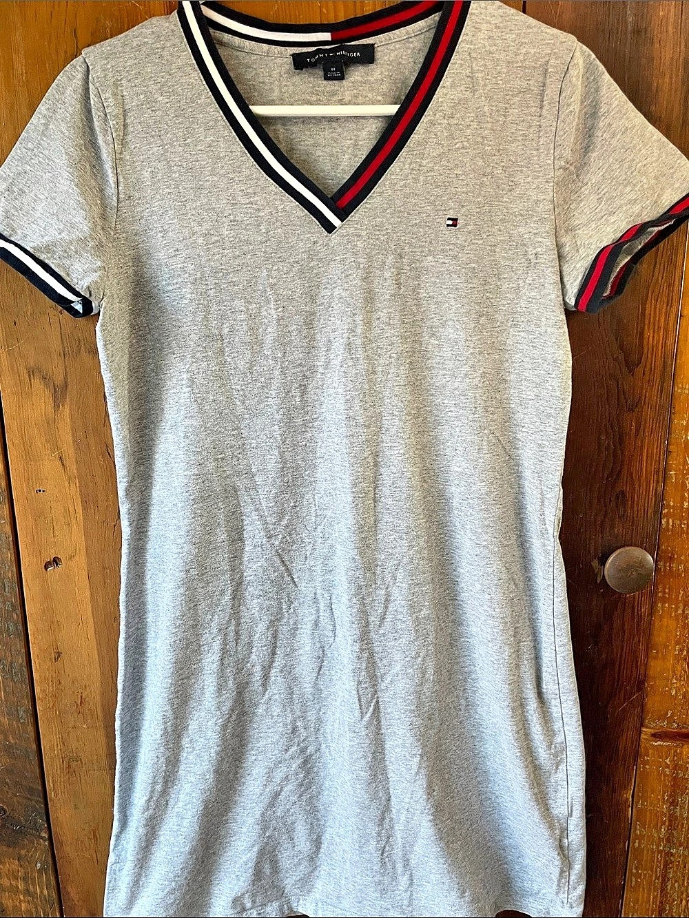 Tommy Hilfiger Striped Ribbed V-Neck T-Shirt Dress Gray & Black Medium